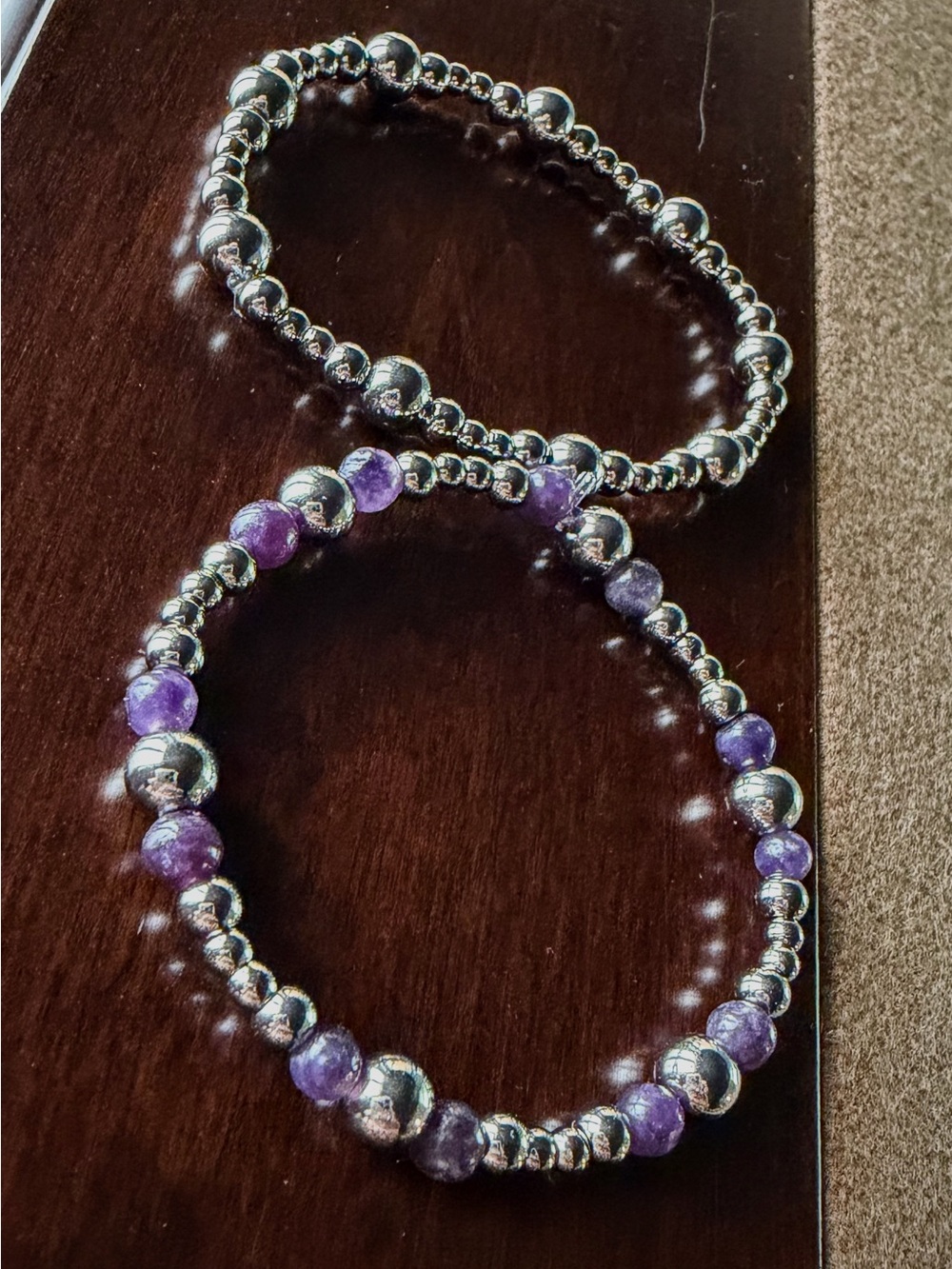 Stainless Steel Pearl Bracelet set with Purple Stone Accents